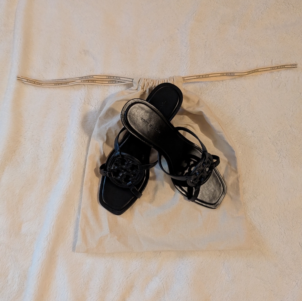 Tory Burch Miller Bombe Black Leather Open Toe Low Heel - Picture 3 of 9